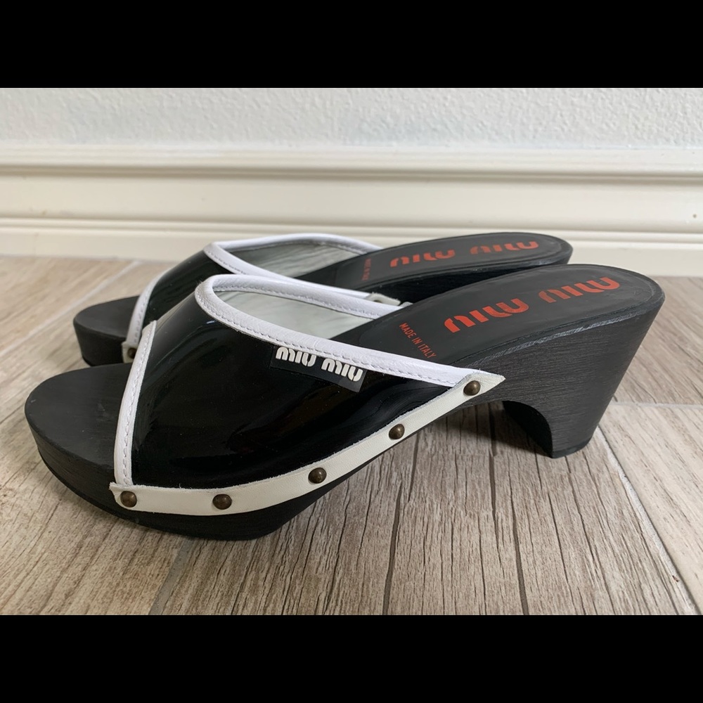 Miu Miu black and white wood heel slide sandals